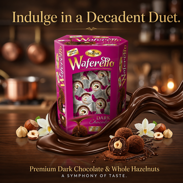 Waferetto Dark Chocolate packaging with chocolate drizzle and hazelnuts on a wooden surface.