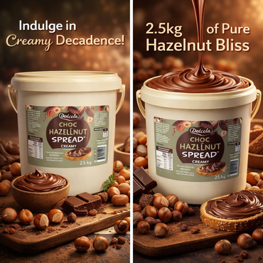 Two images of a container of Daelco Choc Hazelnut Spread with hazelnuts and chocolate pieces around.