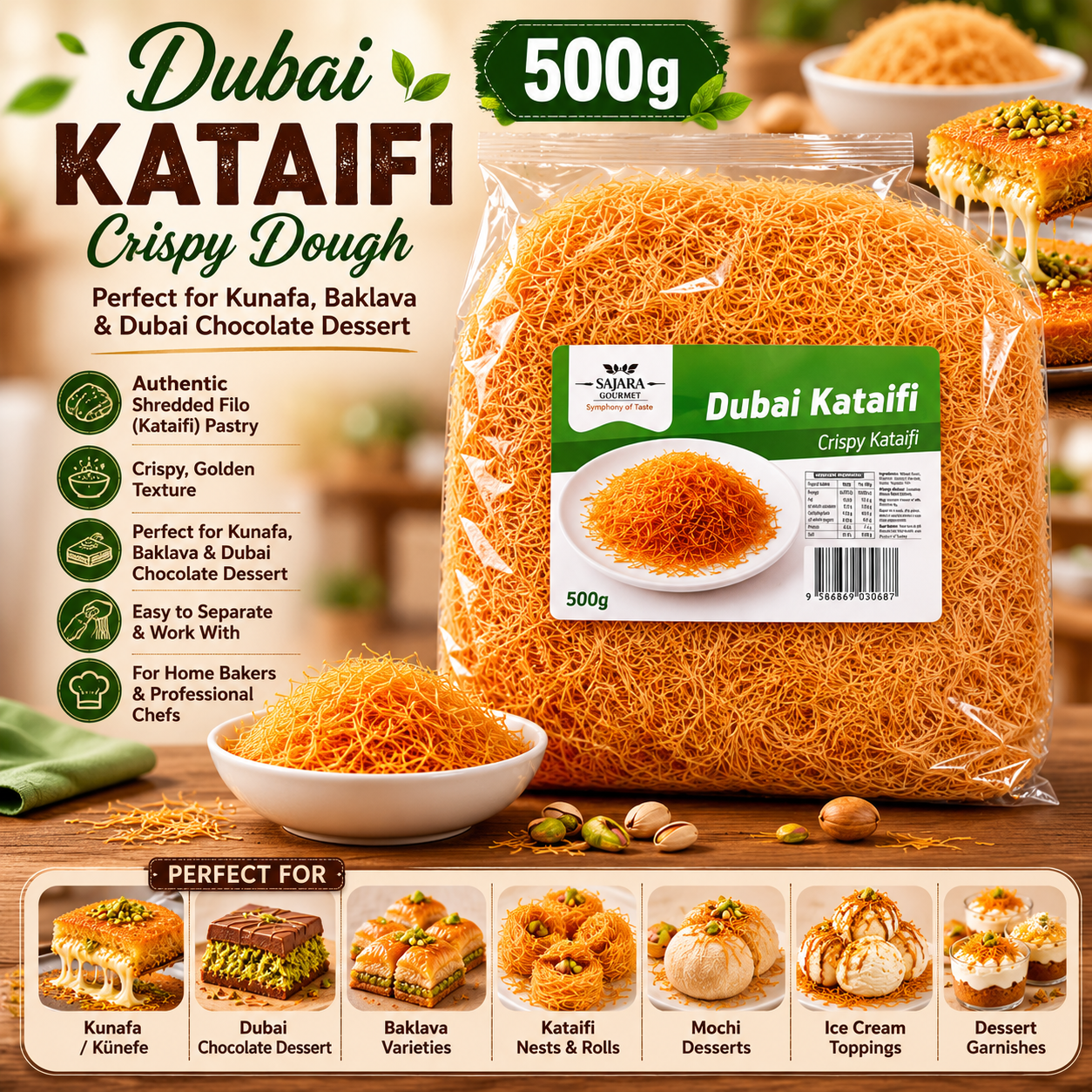 Packaged Dubai Kataifi Crispy Dough with product details and uses on a wooden surface.