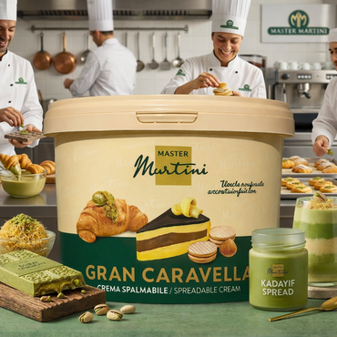 Master Martini Gran Caravella spreadable cream container with chefs in a kitchen setting