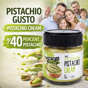 Jar of Pistachio Gusto Pistachio Cream with a family in the background