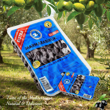 Packaged olives with Marmarabirlik branding in an olive grove.