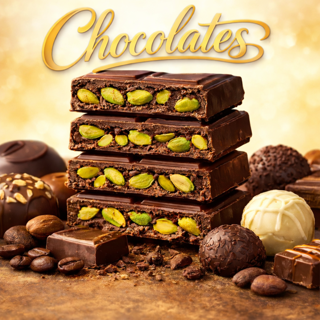 Premium pistachio chocolate bars stacked with visible pistachios surrounded by gourmet chocolate truffles on a bright golden background.
