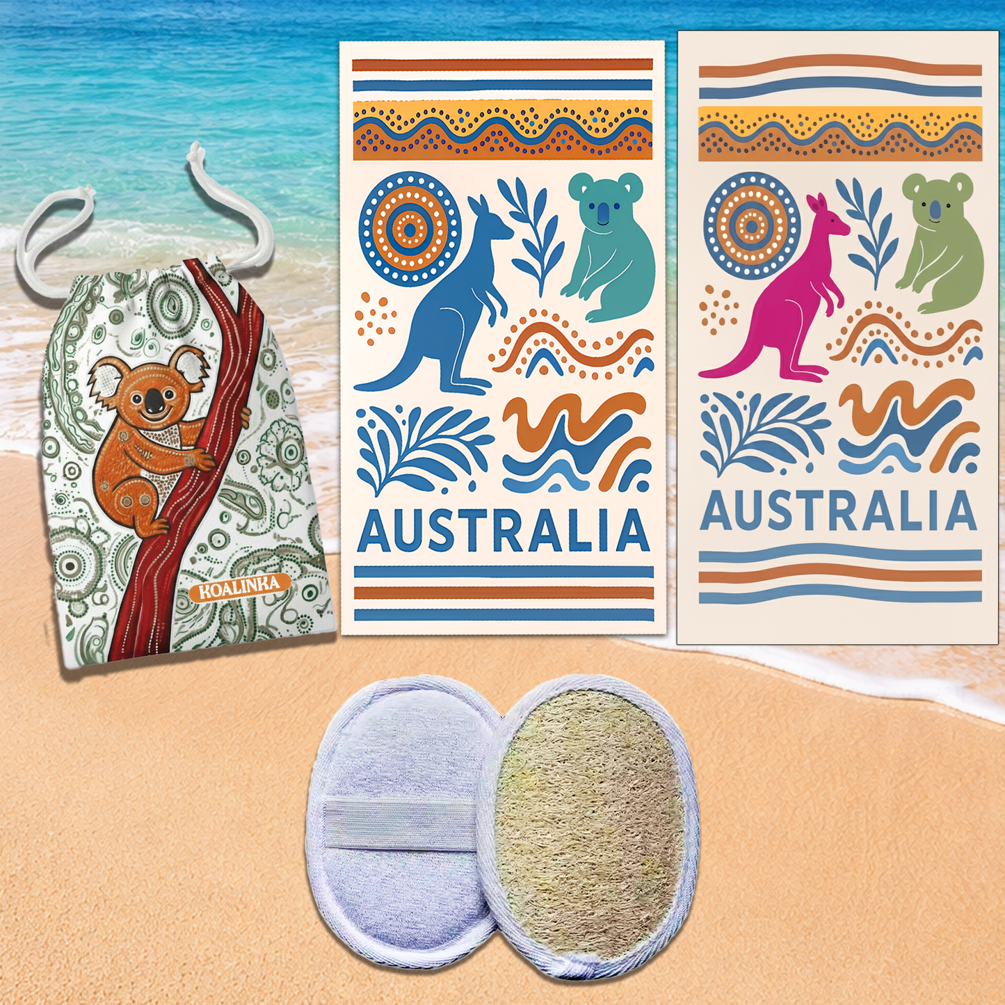 Colorful Australian-themed products including a pouch, stickers, and a scrubber on a beach background.