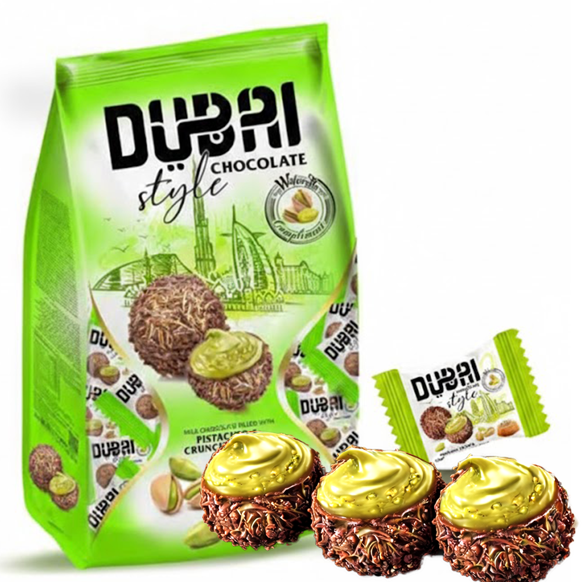Dubai Style Pistachio Chocolate Wafer Balls with crispy kadayif coating and creamy pistachio filling.