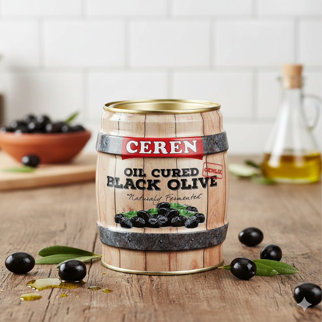 Cerén oil-cured black olive can on a wooden surface with olives and oil in the background.