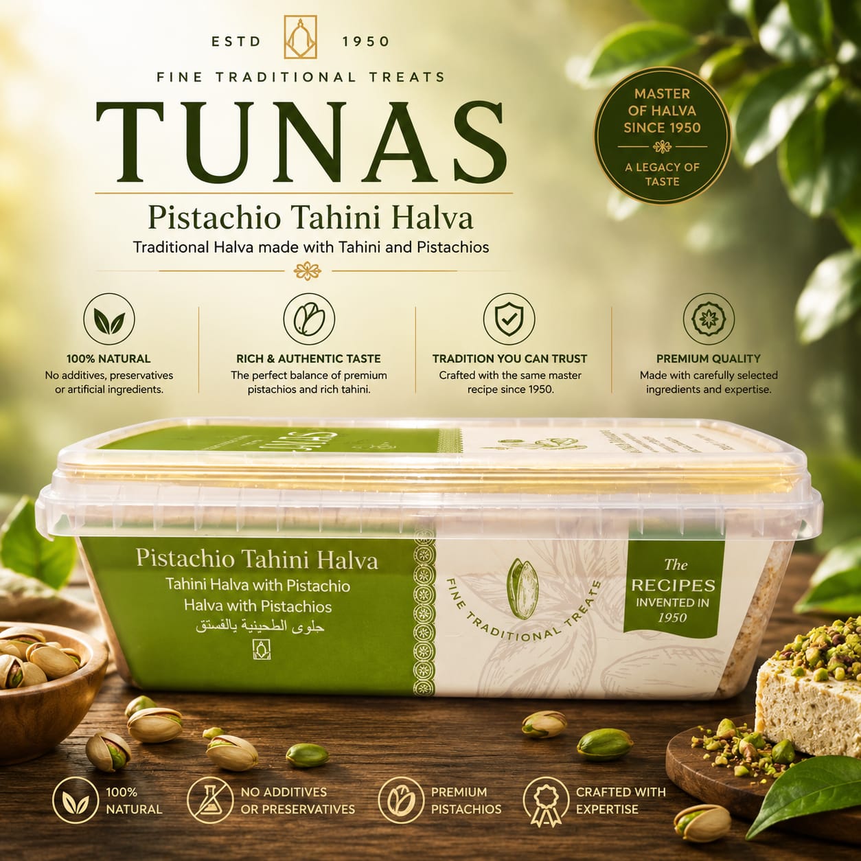 Tunas Pistachio Tahini Halva packaging with green label on a wooden surface with pistachios and leaves.