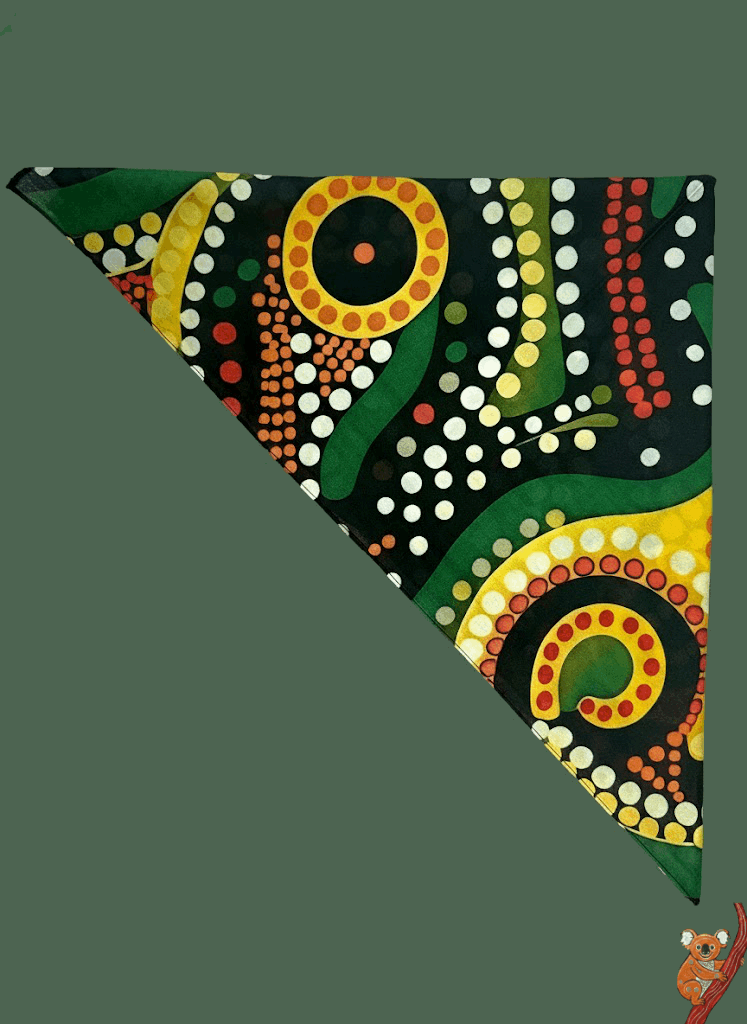 Decorative bandana with colorful abstract pattern on a green background
