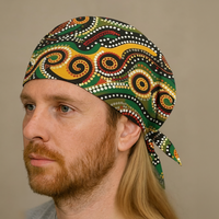 Man wearing a colorful patterned headscarf on a beige background