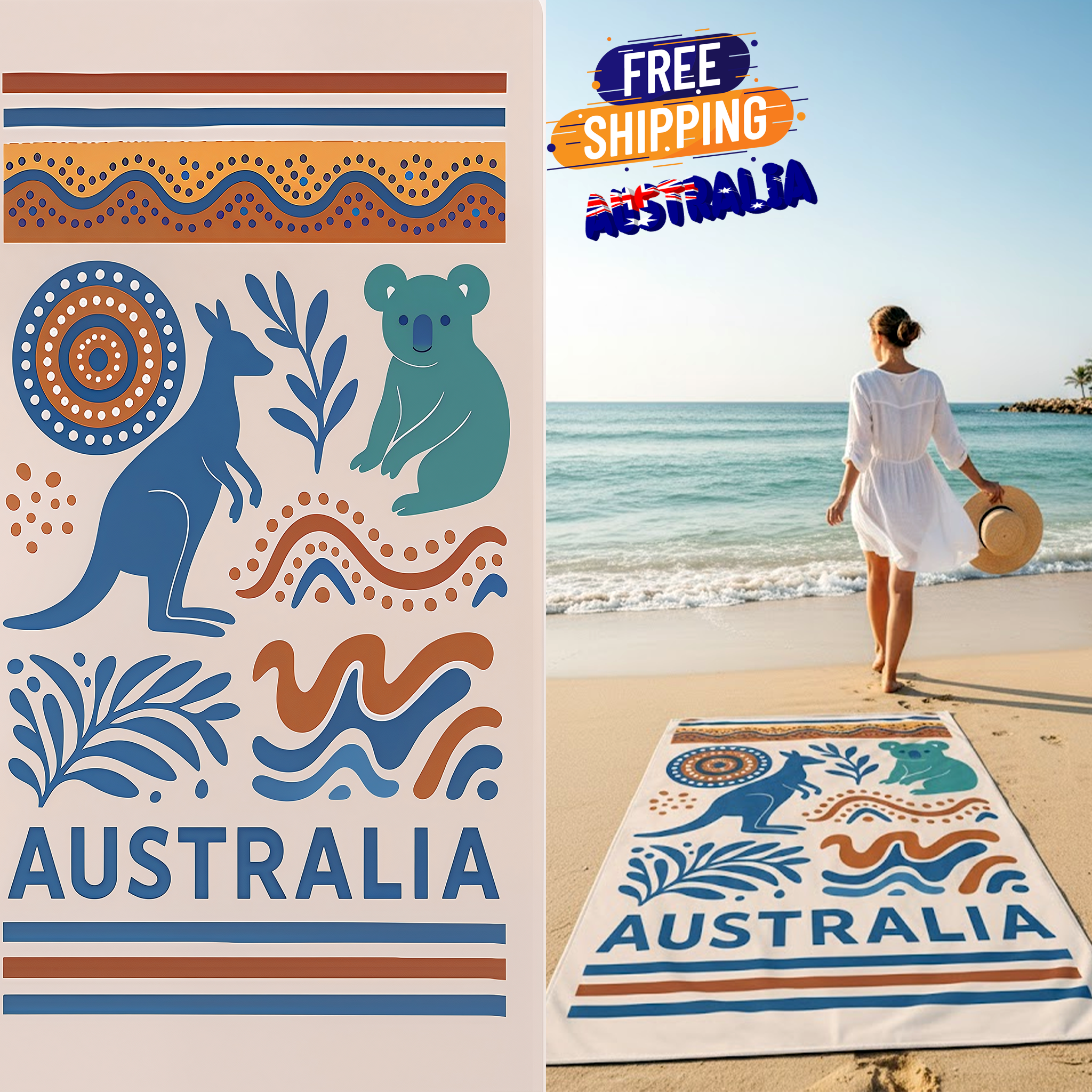Australia-themed beach towel with kangaroo, koala, and Aboriginal patterns, and a woman on a beach.