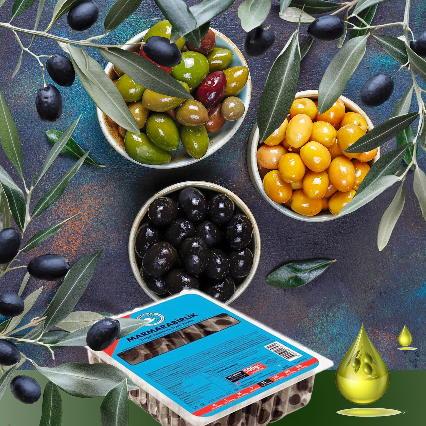 Assorted olives in bowls with an olive branch and a packaging label on a dark surface.