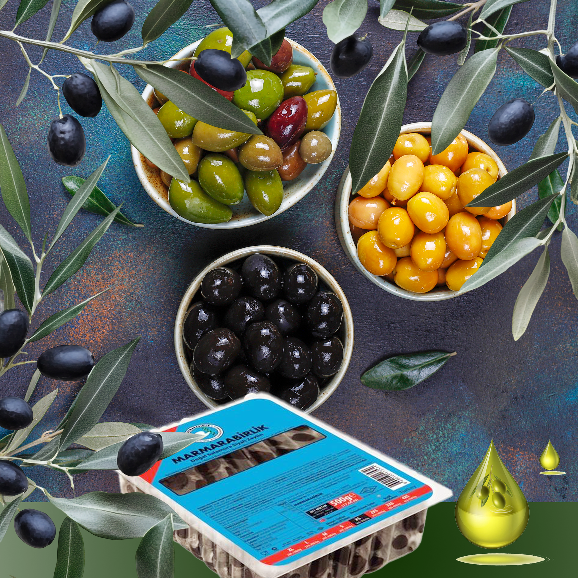 Assorted olives in bowls with an olive branch and a packaging label on a dark surface.
