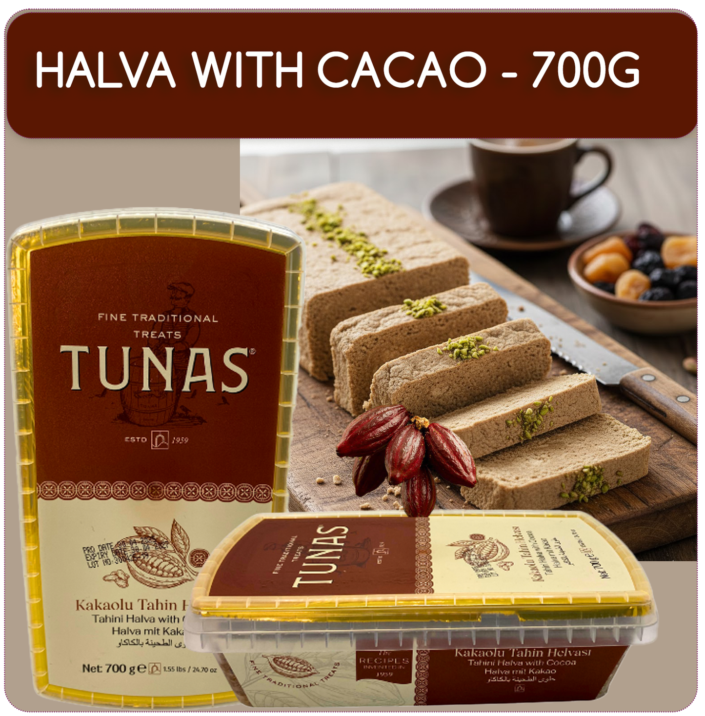 Tunas halva with cacao packaging and sliced halva on a wooden board.