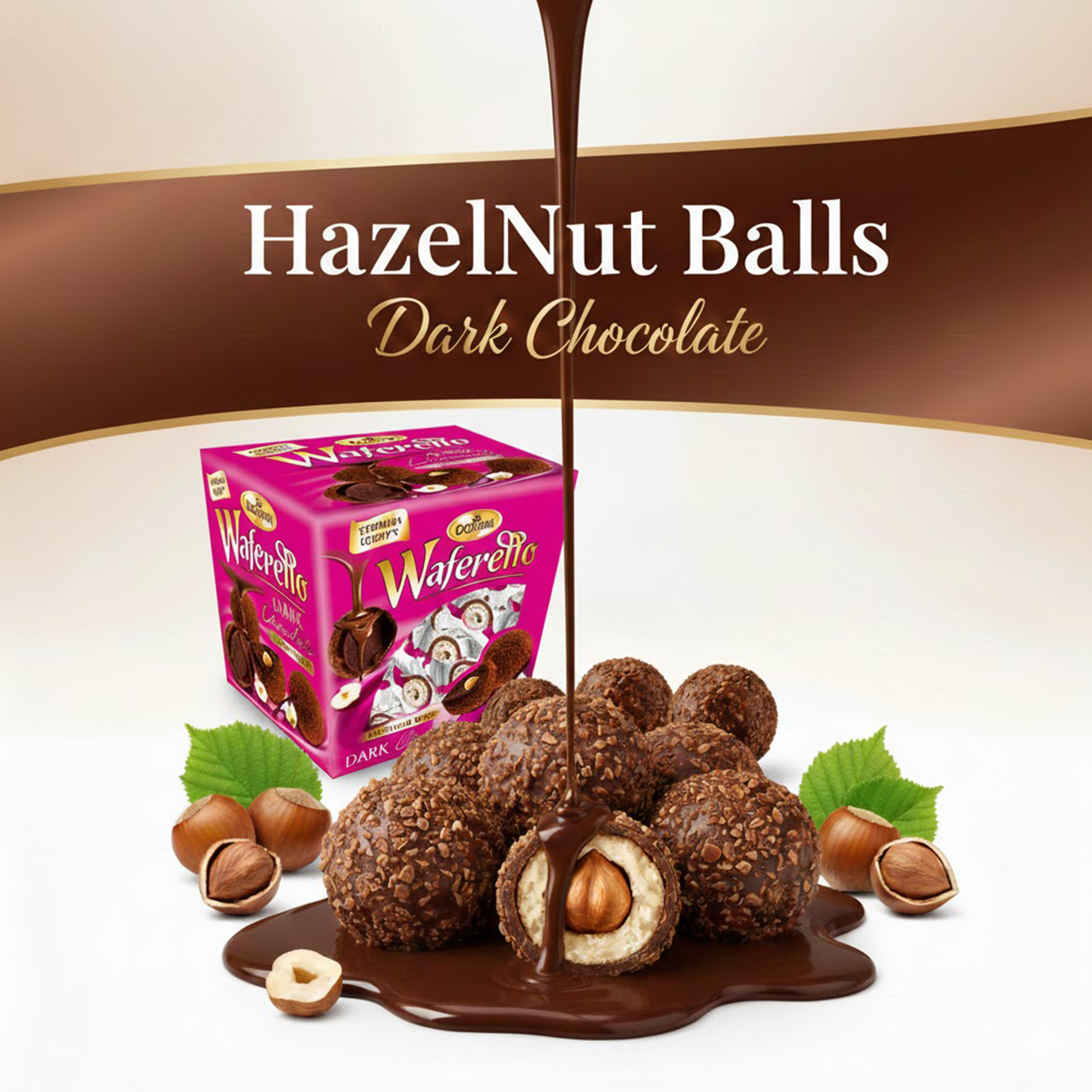 Dark chocolate hazelnut balls with a Waferetto box on a white background