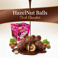 Dark chocolate hazelnut balls with a Waferetto box on a white background