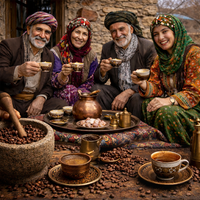 Group of people enjoying a cup of coffee in a rustic setting with traditional attire and coffee-making equipment.
