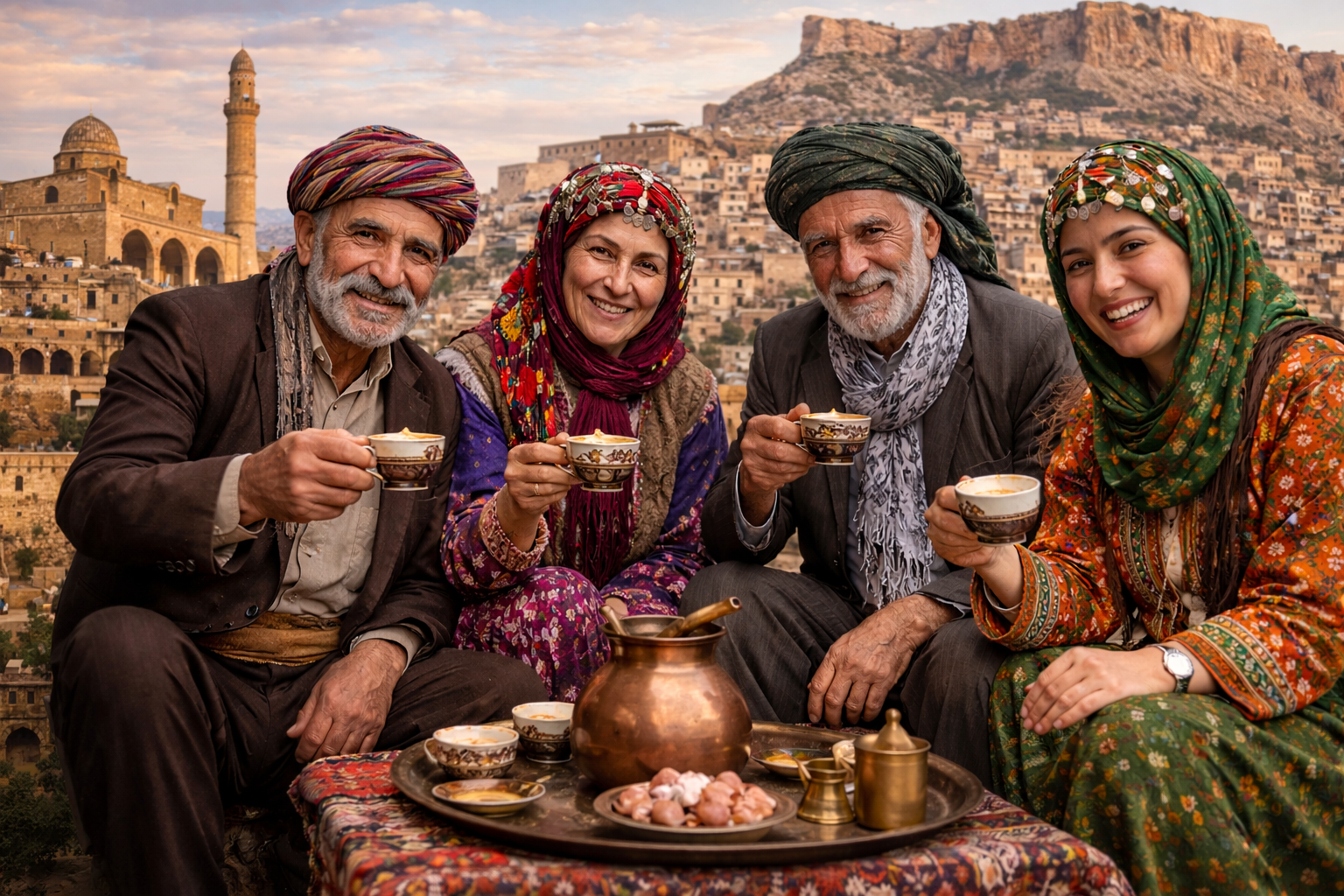 Four people in traditional attire enjoying tea with a scenic background of a cityscape.