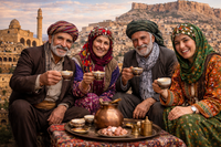 Four people in traditional attire enjoying tea with a scenic background of a cityscape.
