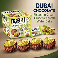 Dubai Chocolate Pistachio Cream Crunchy Knafeh Wafer Balls packaging with product display.