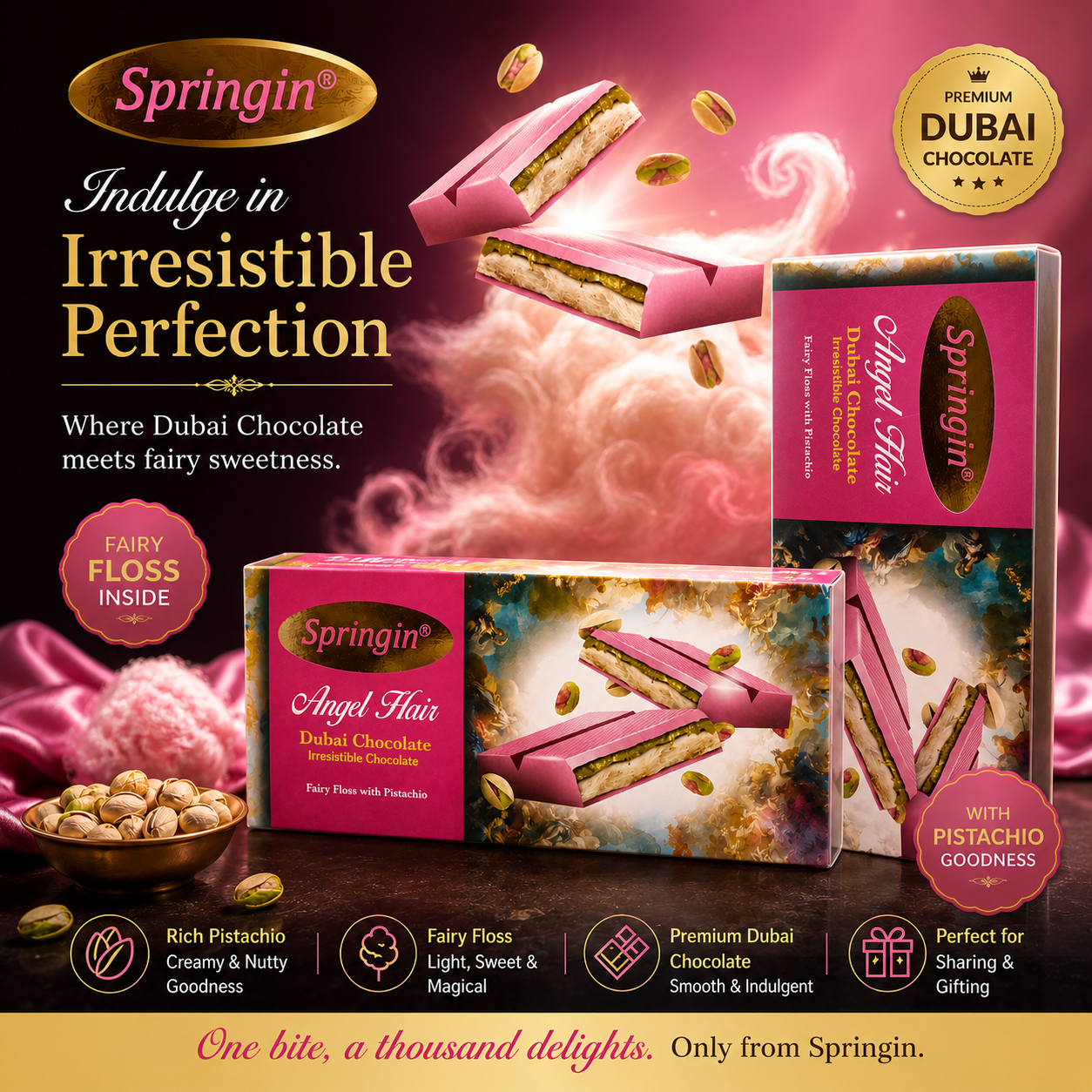 Springin chocolate packaging with fairy floss and pistachio flavor details on a dark background
