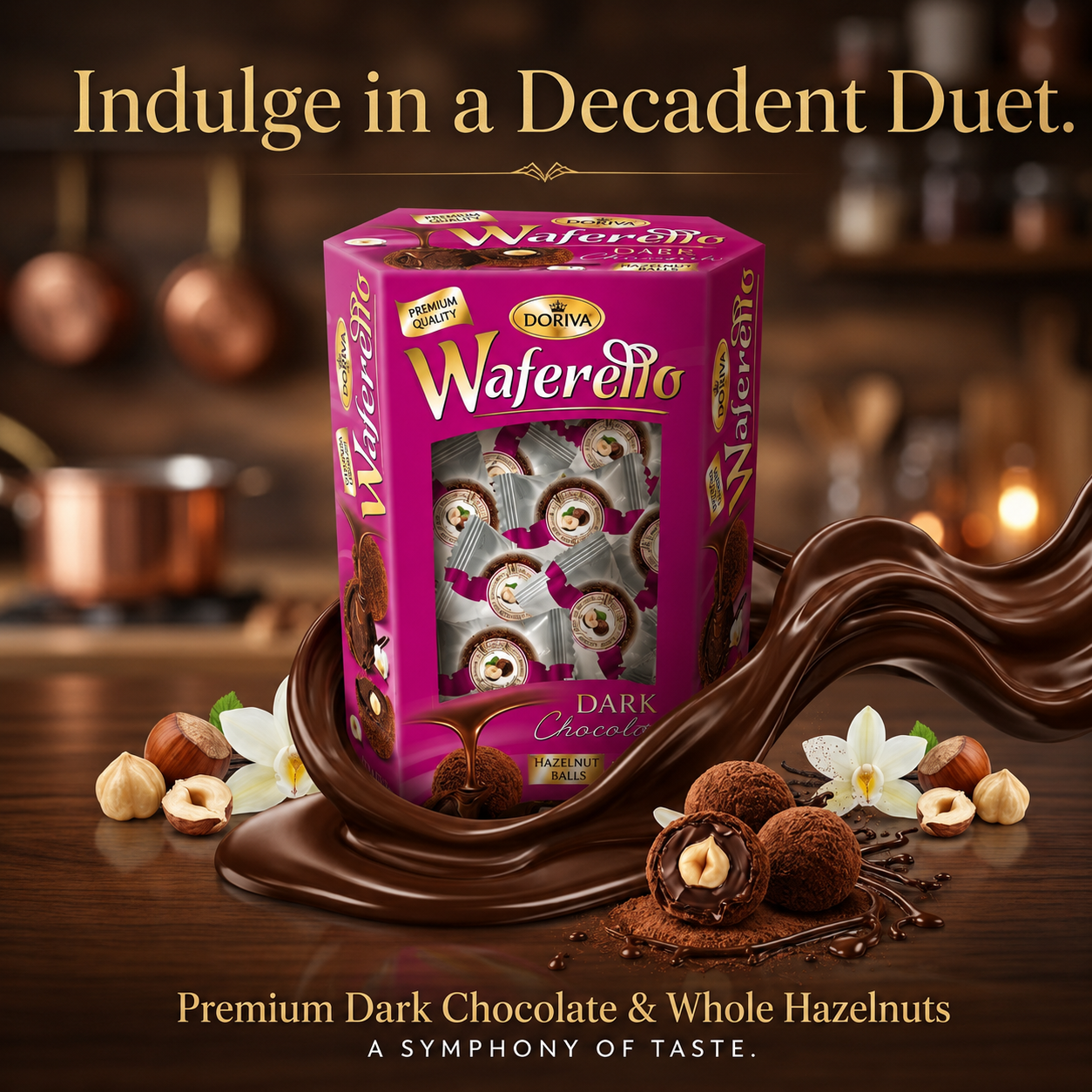 Waferetto Dark Chocolate packaging with chocolate drizzle and hazelnuts on a wooden surface.