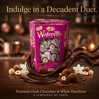 Waferetto Dark Chocolate packaging with chocolate drizzle and hazelnuts on a wooden surface.