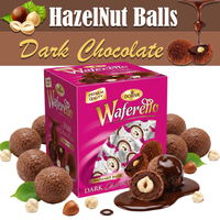Waferello Hazelnut Balls Dark Chocolate packaging with hazelnuts and chocolate drizzle on a white background