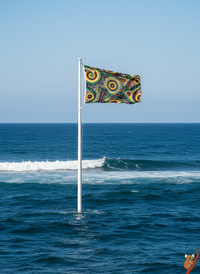 Colorful flag on a pole in the ocean with a clear blue sky.