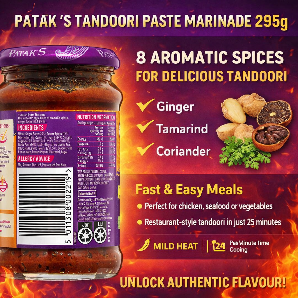 Patak's Tandoori Paste Marinade jar with ingredients and benefits listed on a fiery background