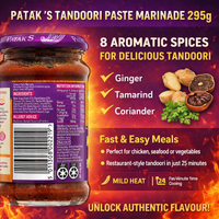 Patak's Tandoori Paste Marinade jar with ingredients and benefits listed on a fiery background