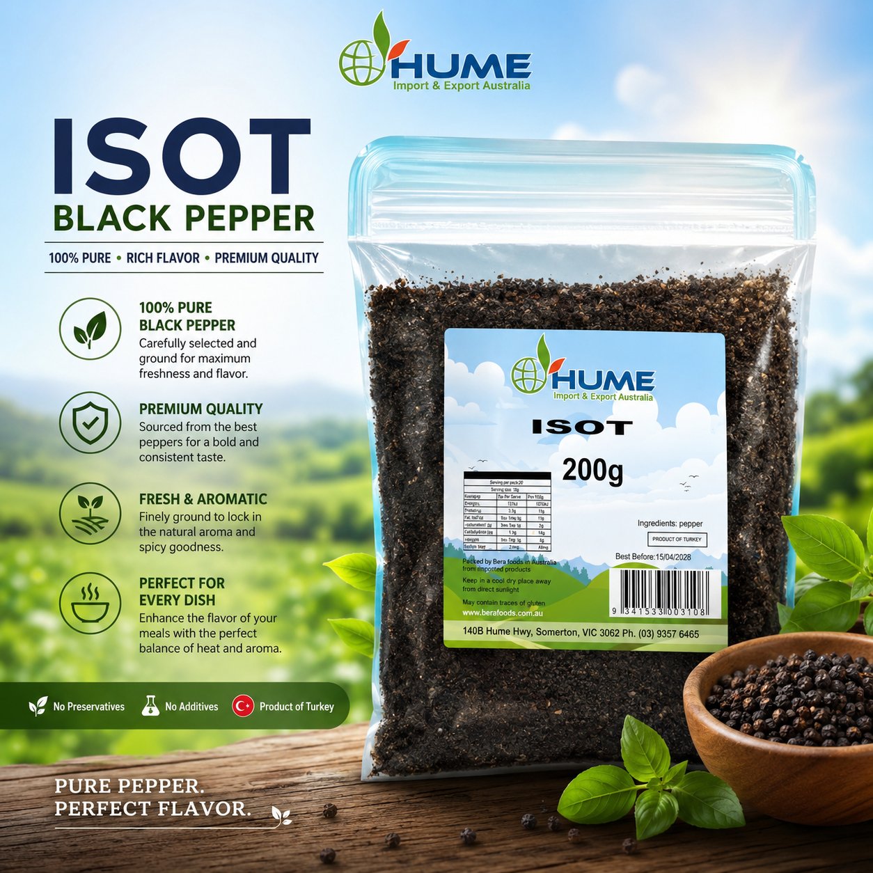 Isot black pepper packaging with product details on a natural background