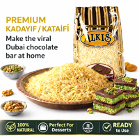 Alkis Kadayif/Kataifi packaging with a bowl of shredded dough and chocolate-dipped treats on a white background.