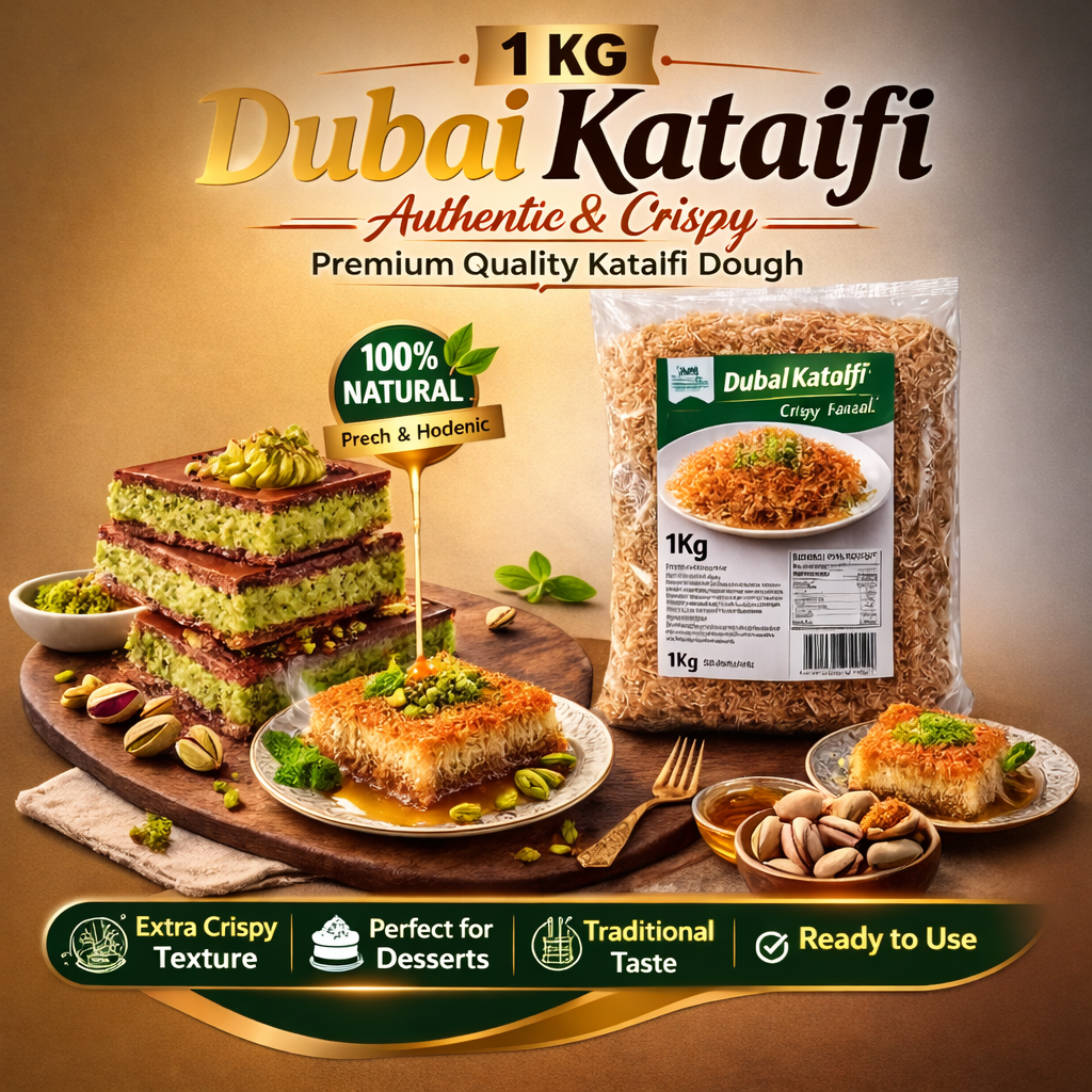 Dubai Kataifi packaging with kataifi dessert and product details on a brown background