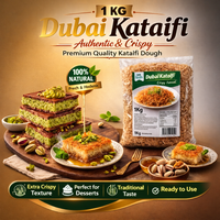 Dubai Kataifi packaging with kataifi dessert and product details on a brown background
