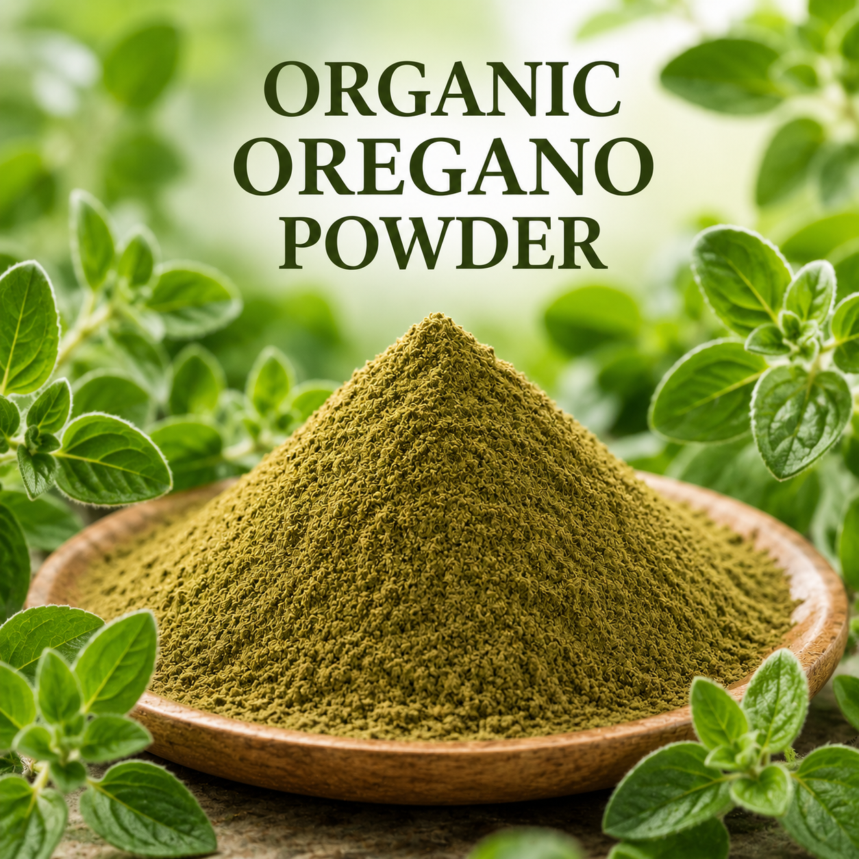 Organic oregano powder in a wooden bowl with fresh oregano leaves in the background