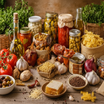 Assorted pantry items including jars, bottles, and fresh produce on a wooden surface with 'Pantry Essentials' text.