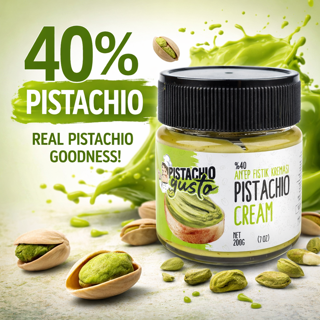 Jar of Pistachio Gusto pistachio cream with pistachios and green sauce on a light background