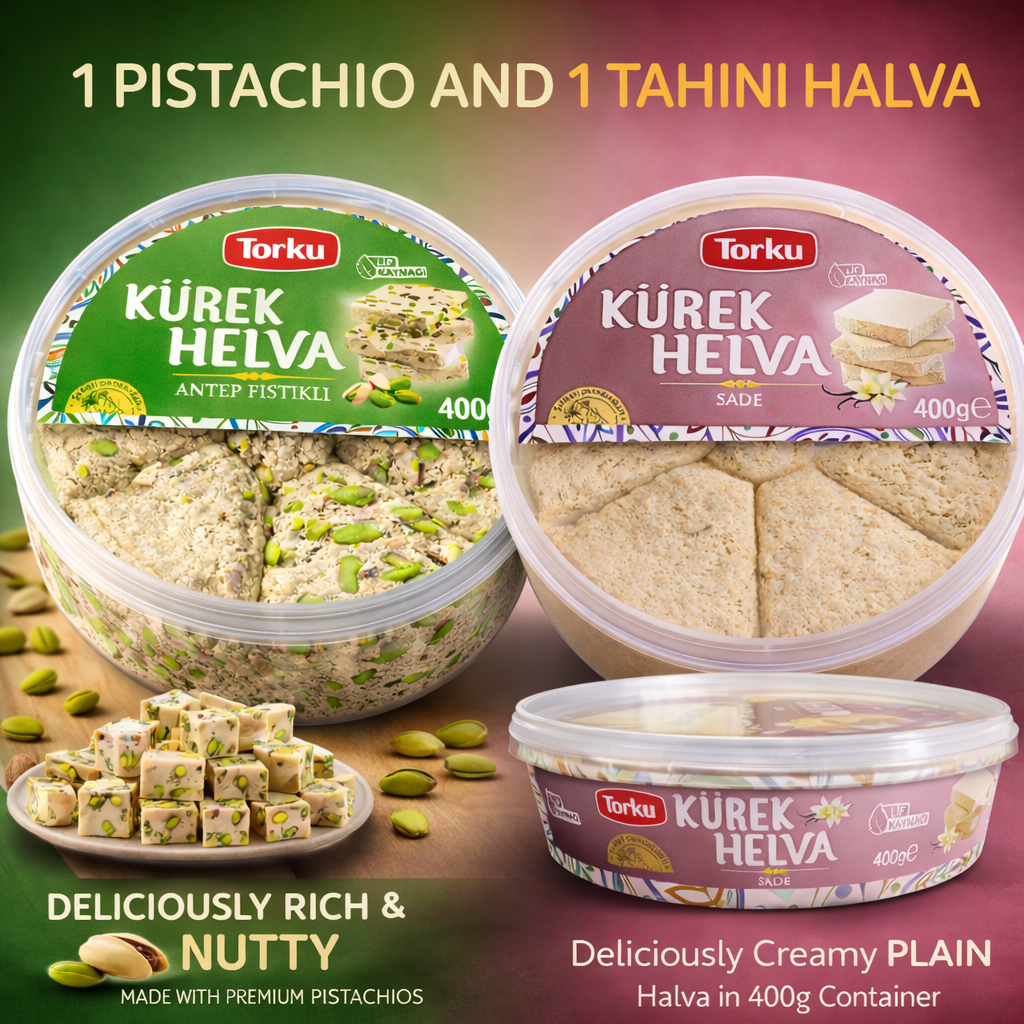 Two containers of Helva with pistachio and tahini flavors on a colorful background.