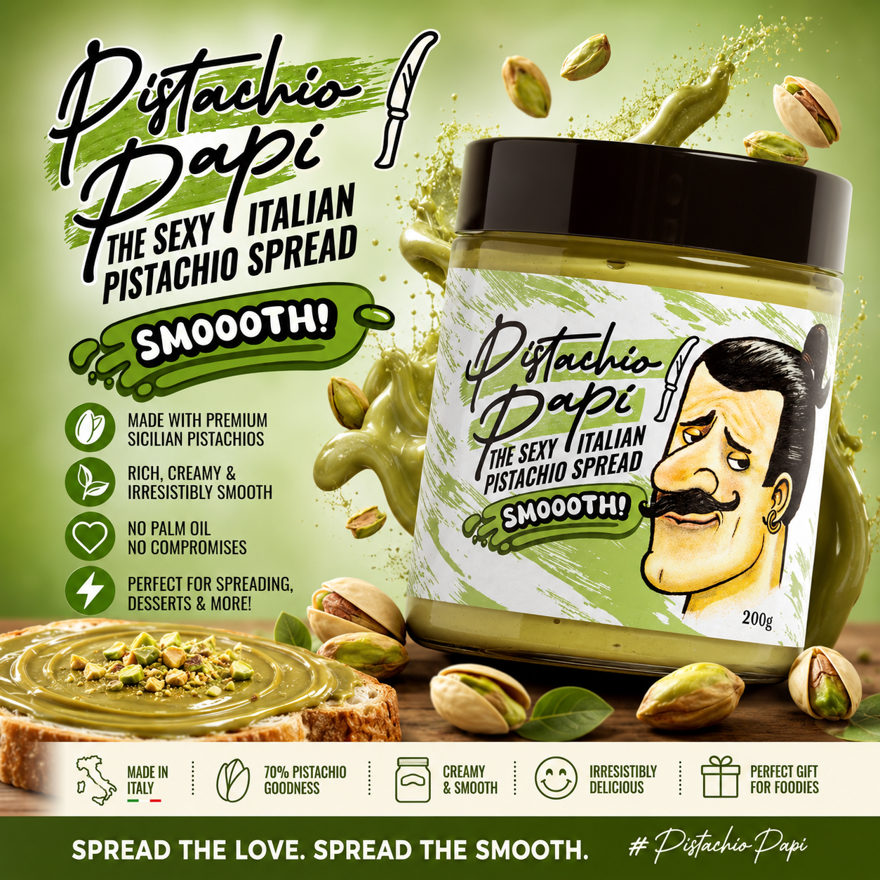 Jar of Pistachio Papi spread with packaging details on a green background