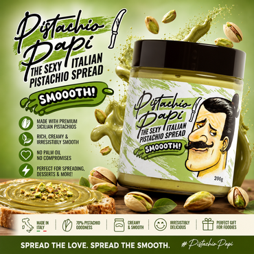 Jar of Pistachio Papi spread with packaging details on a green background