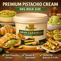 Gran Caravella Pistachio Cream container with various pistachio products on a wooden background