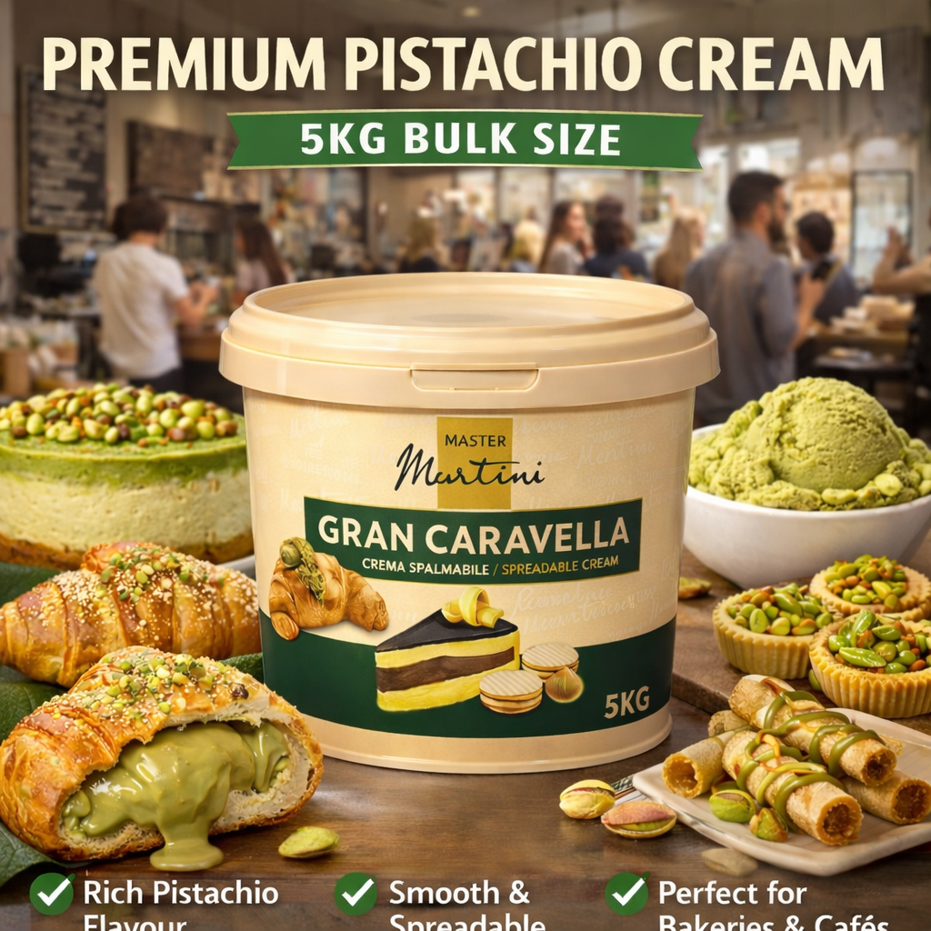 Gran Caravella pistachio cream container with pistachio-flavored pastries and desserts in a bakery setting.