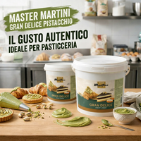 Master Martini Gran Delice Pistacchio cream on a wooden table with pastries and pistachios.