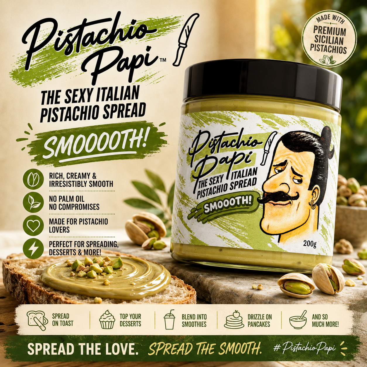 Jar of Pistachio Papi spread with packaging details and usage suggestions.