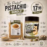 Pistachio product bundle with packaging and pistachios on a wooden surface.