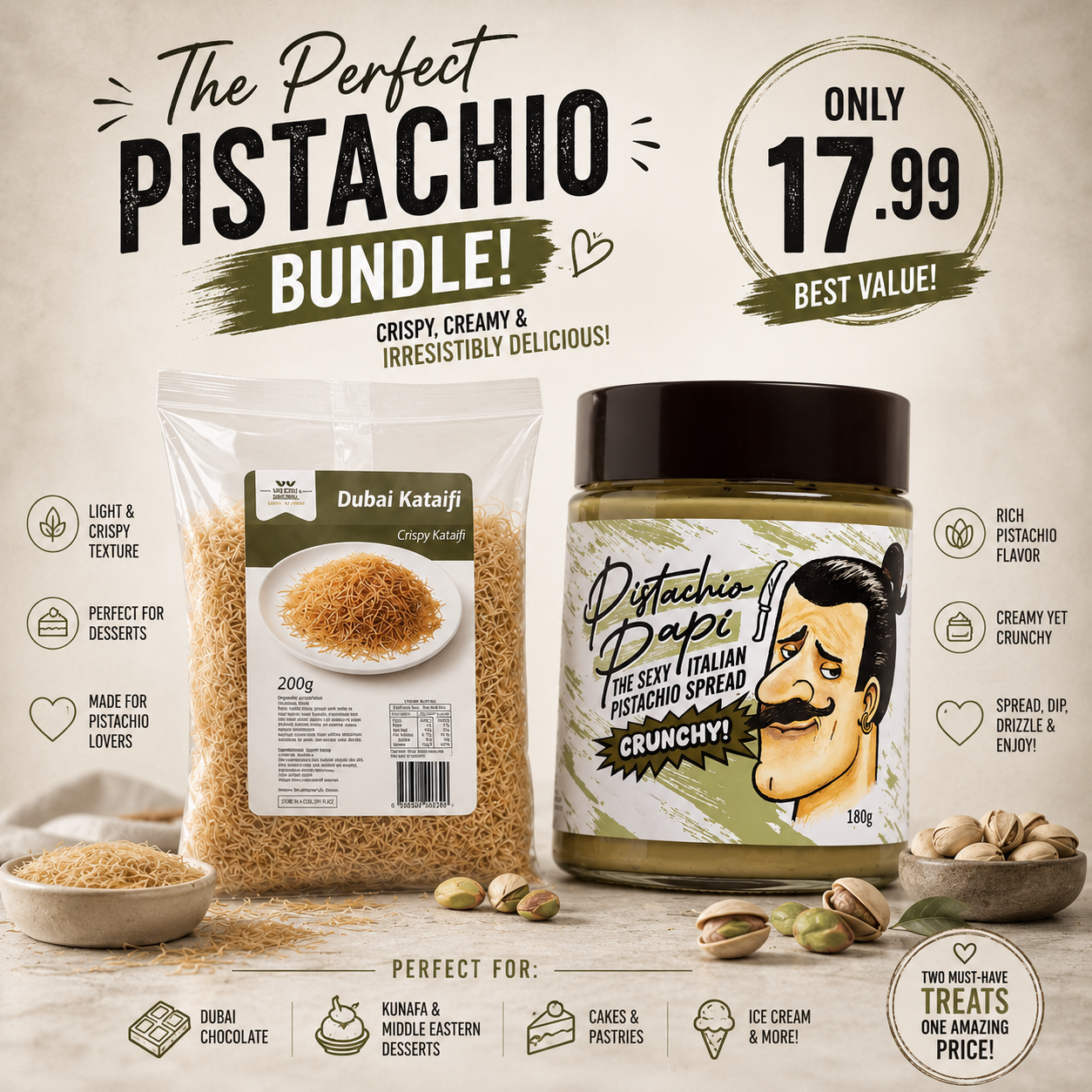 Pistachio product bundle with packaging and pistachios on a wooden surface.