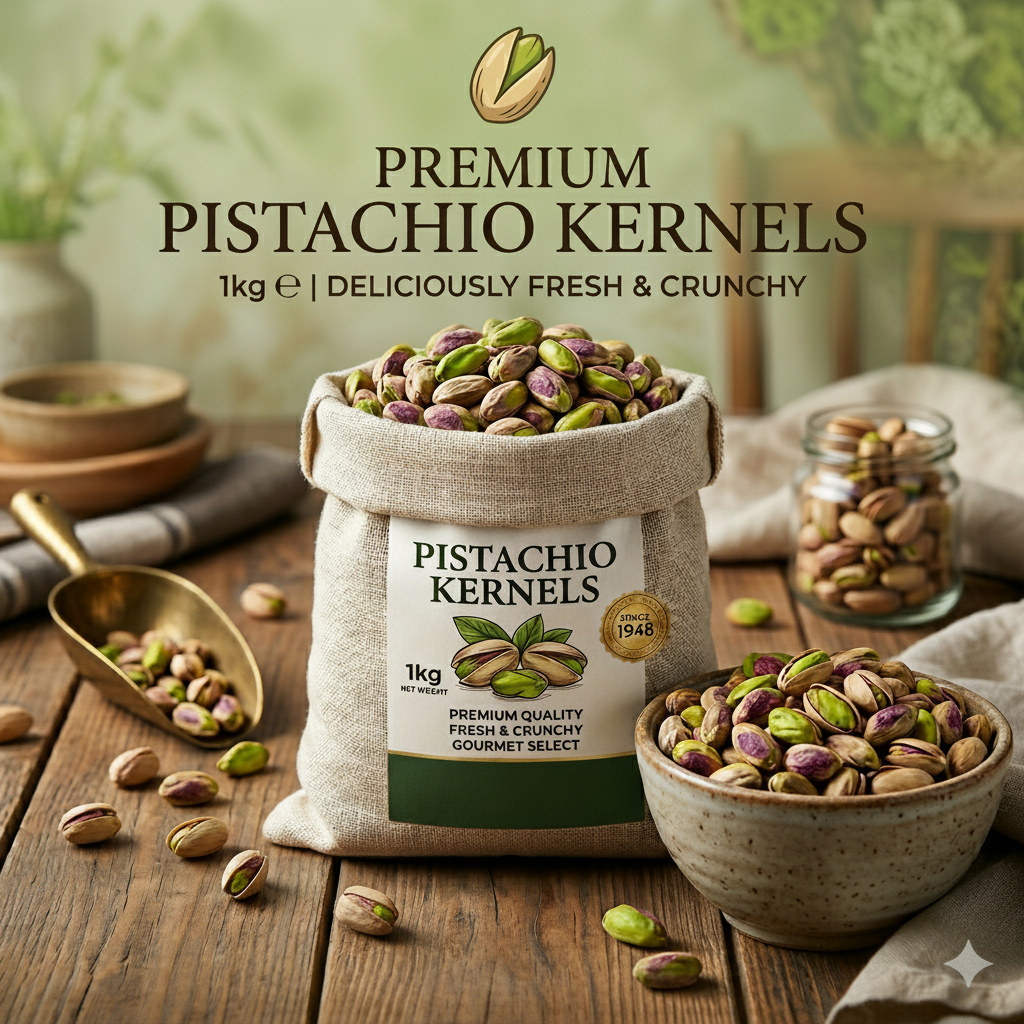 Bag of premium pistachio kernels on a wooden table with bowls and a scoop.