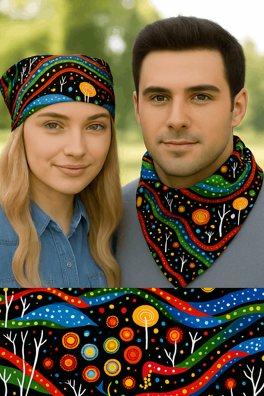 Two people wearing colorful headbands with a matching design in the foreground.