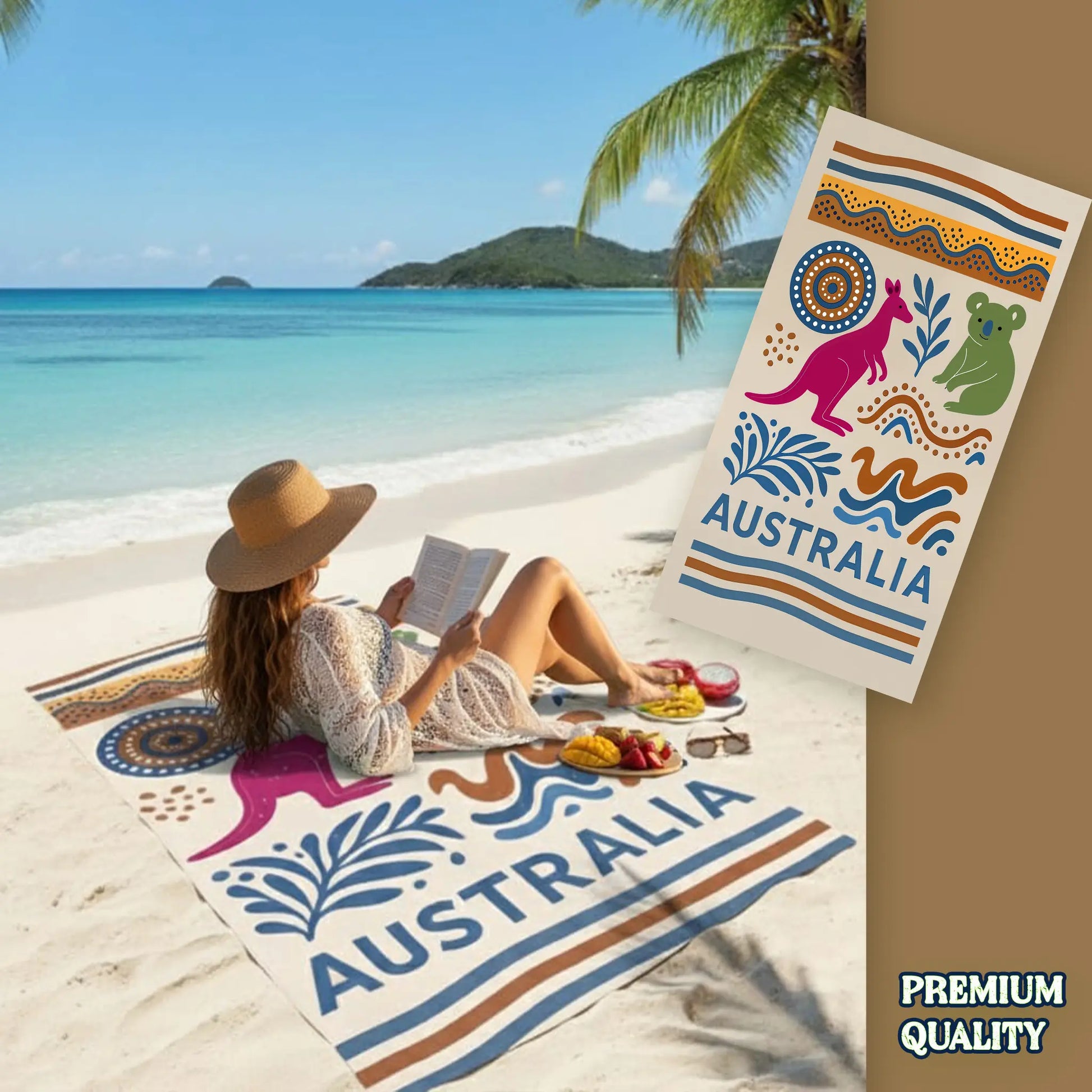 Woman reading a book on a beach with an Australia-themed towel and decorative item.