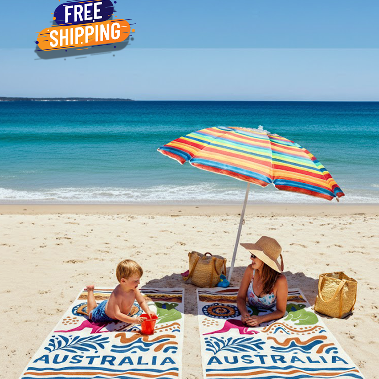 Woman and child on a beach with a colorful umbrella and 'Free Shipping' sign.